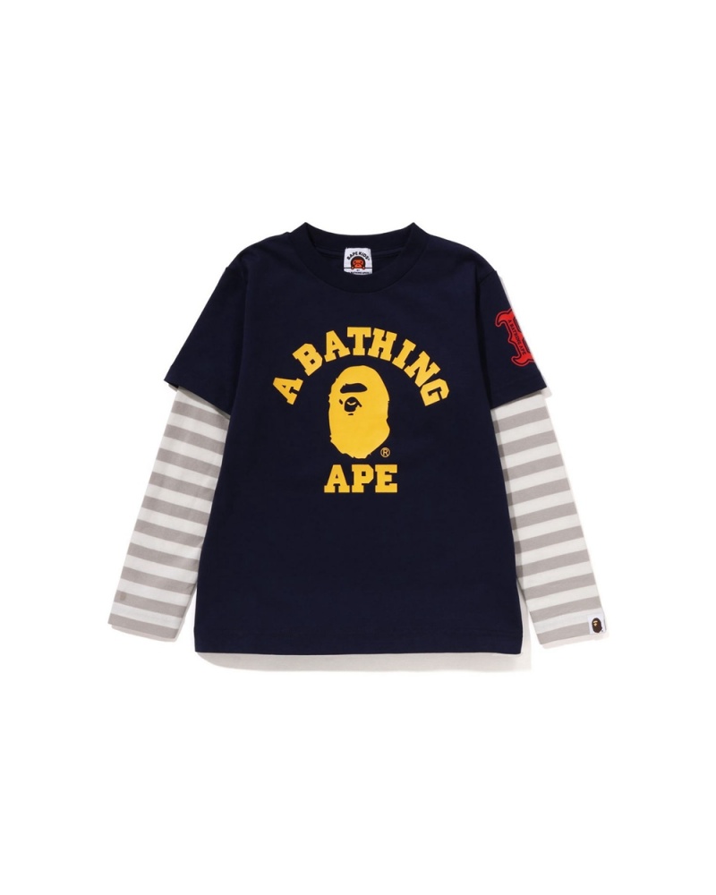 Najfatalniejszy Bape College Multi Logo Layered L/S Dziecięce Granatowe Niebieskie | 94782RSAC