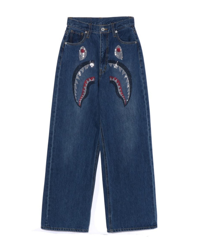 Spodnie Bape Crystal Stone Shark High Stanem Denim Damskie Niebieskie | 31259LZMT